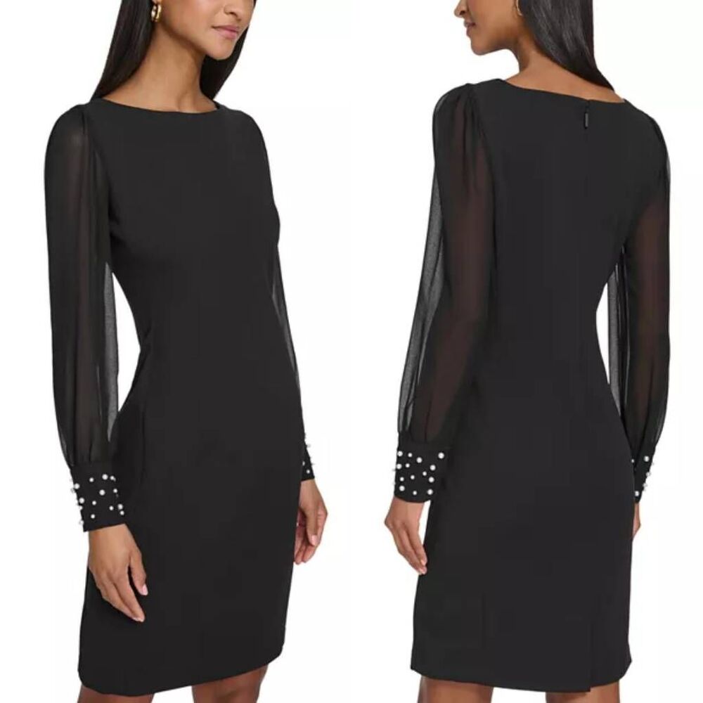 Karl Lagerfeld Black scuba crepe chiffon sleeve pearl cuff dress womens 8